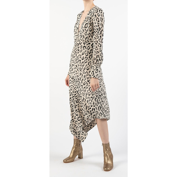 ALC Long Sleeve Eden Dress 4 Animal Print SILK  Midi V Neck Black Cream Leopard - Picture 4 of 6